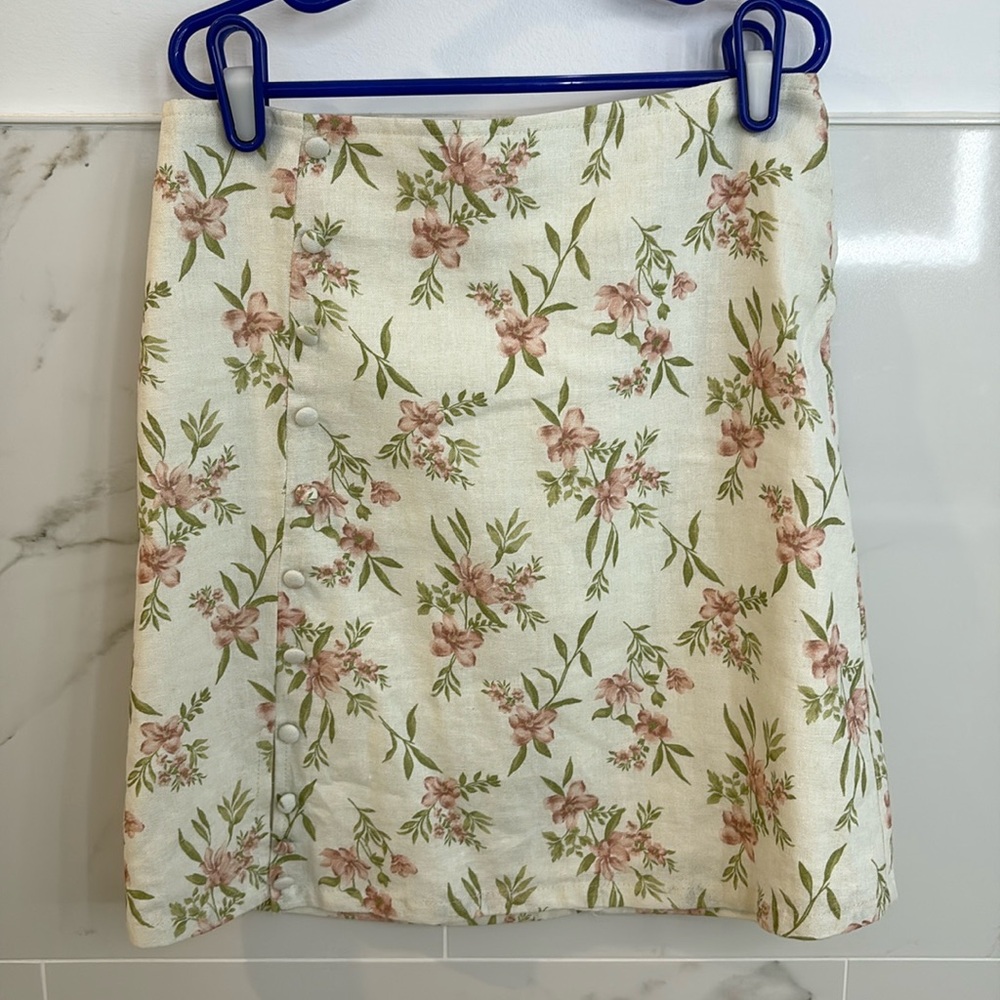 Linen blend Floral Cream Skirt